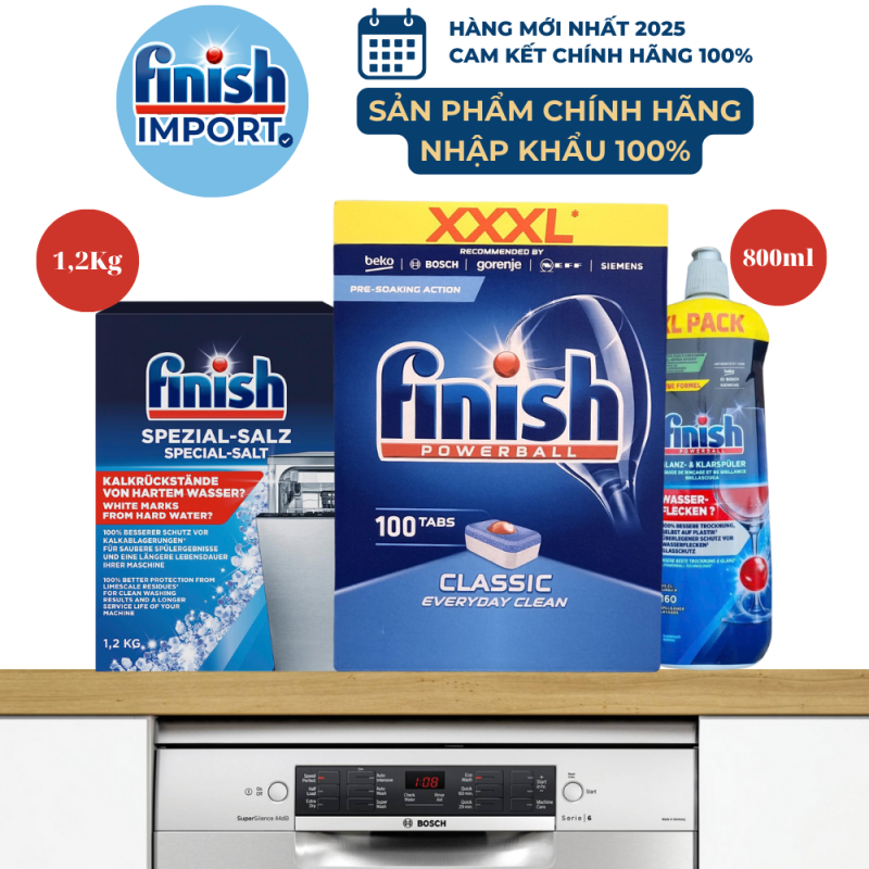 Combo 3 món: 100 viên Finish Classic XXXL hương tự nhiên + 1,2kg muối Finish + 800ml nước làm bóng Finish, hiệu quả làm sạch vượt trội